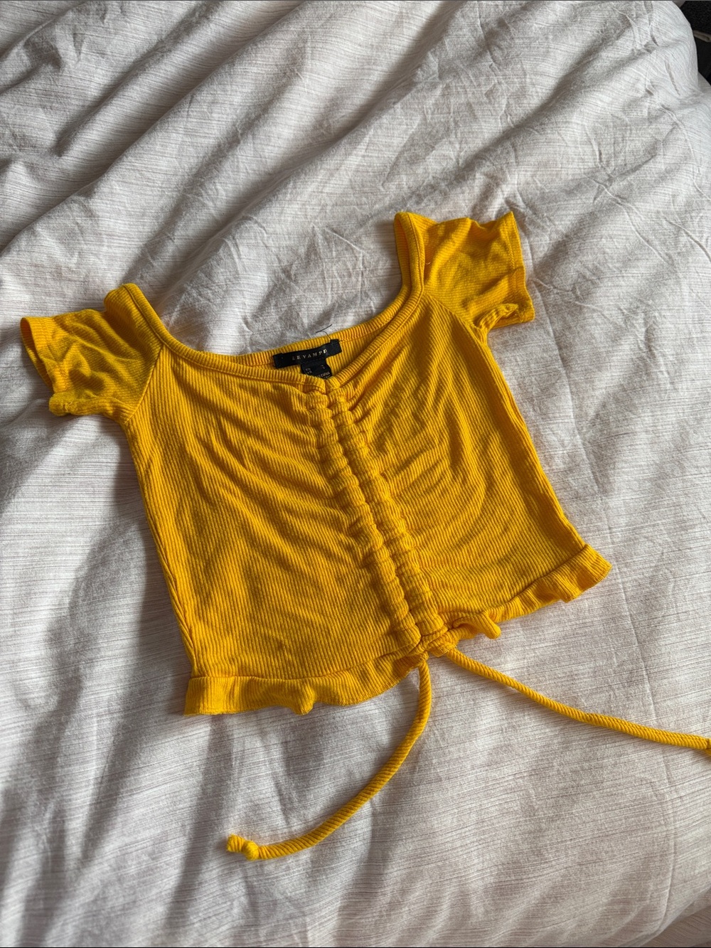 Revamped Mustard Yellow Ribbed Drawstring Crop Top - Picture 3 of 5